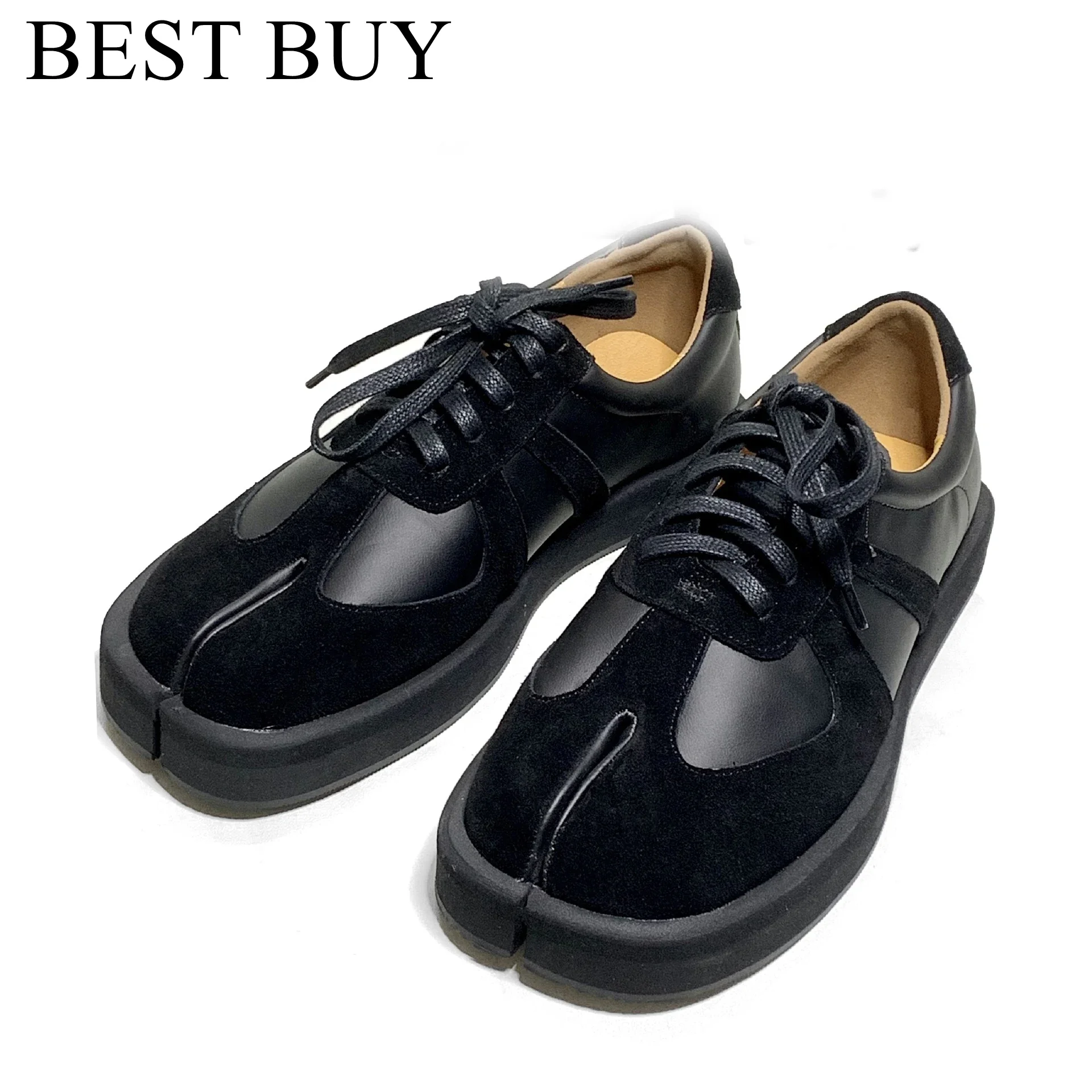 New Black Fashion plafrom Unisex Tabi Shoes Men’s Women’s Split Toe Flats Pig Hoof lace up Shoes Woman Leisure Loafers Woman