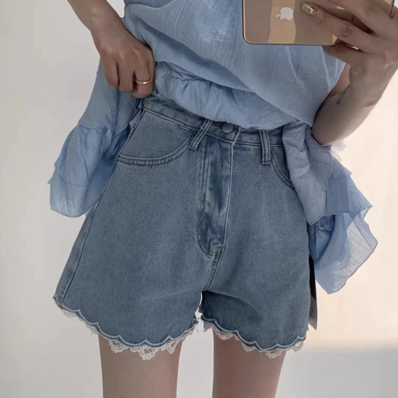 Celana Jeans Ort Kaki Lebar Pinggang Tinggi Wanita Musim Panas Baru Sle Renda Dipangkas Patchwork Denim Ort Celana Pelangsing Pakaian Kasual