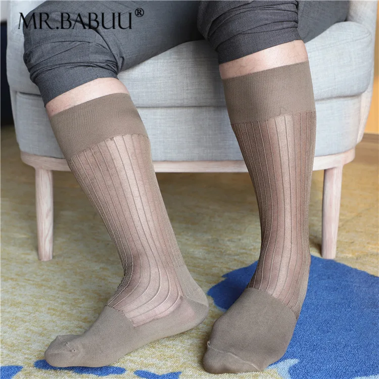 

Men's Business Formal Dress Socks Retro Vintage Wave Striped Sheer Stockings Middle High Tube Breathable Nylon Socks for Men