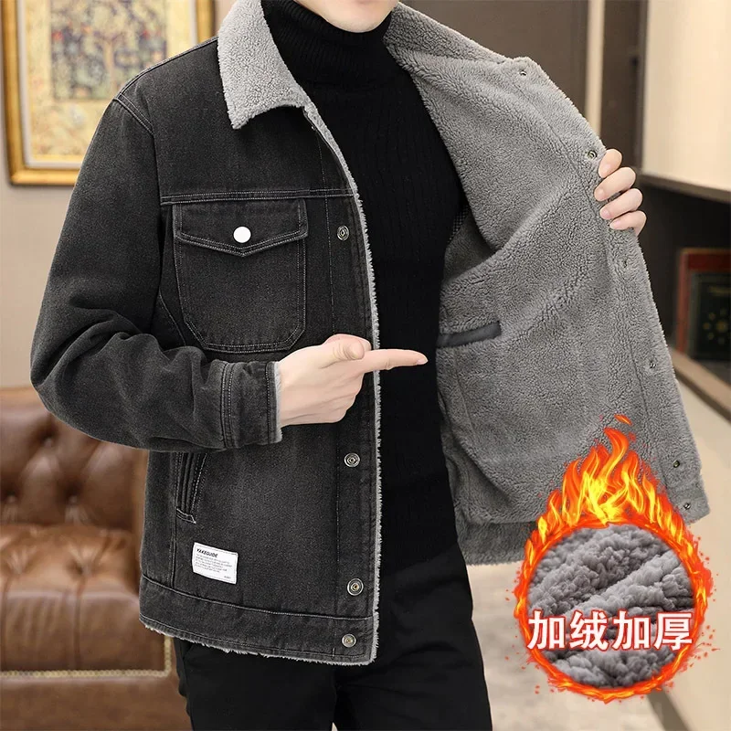 high quality winter denim jacket and coat for men plush lining big size new 2023 causal outerwear clothing - black blue