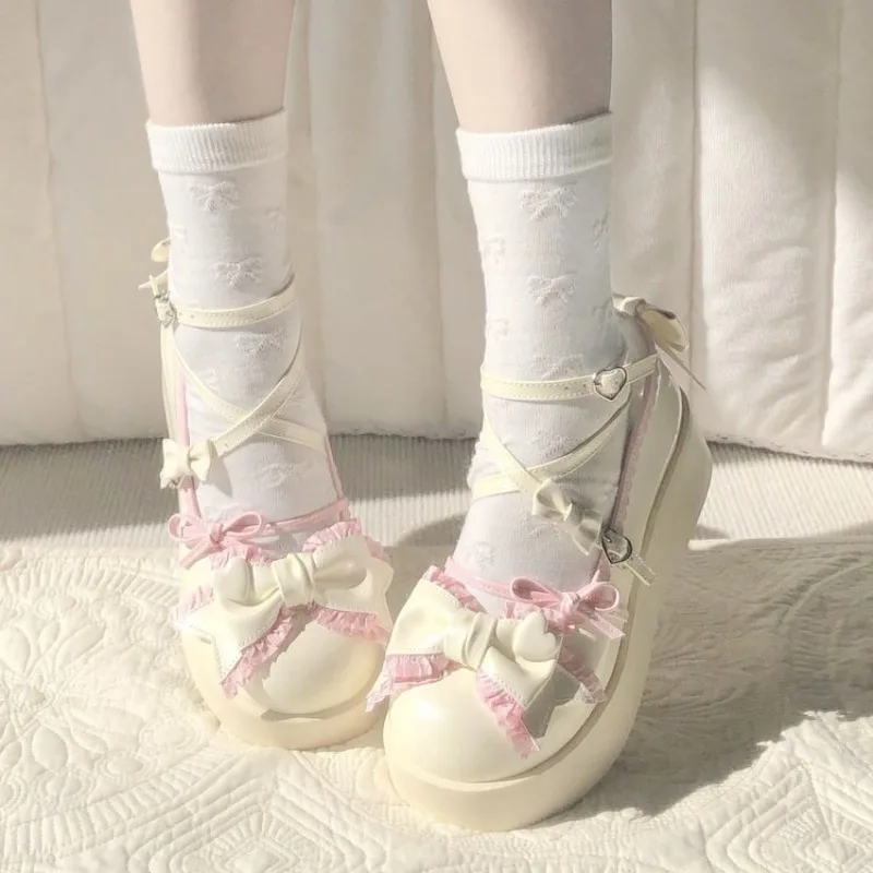 Sweet Lolita Platform Mary JaneShoes Women Round Toe Cross Ankle StrapBow Lace Ruffle Decor Kawaii Cosplay Thick Sole Doll Shoes