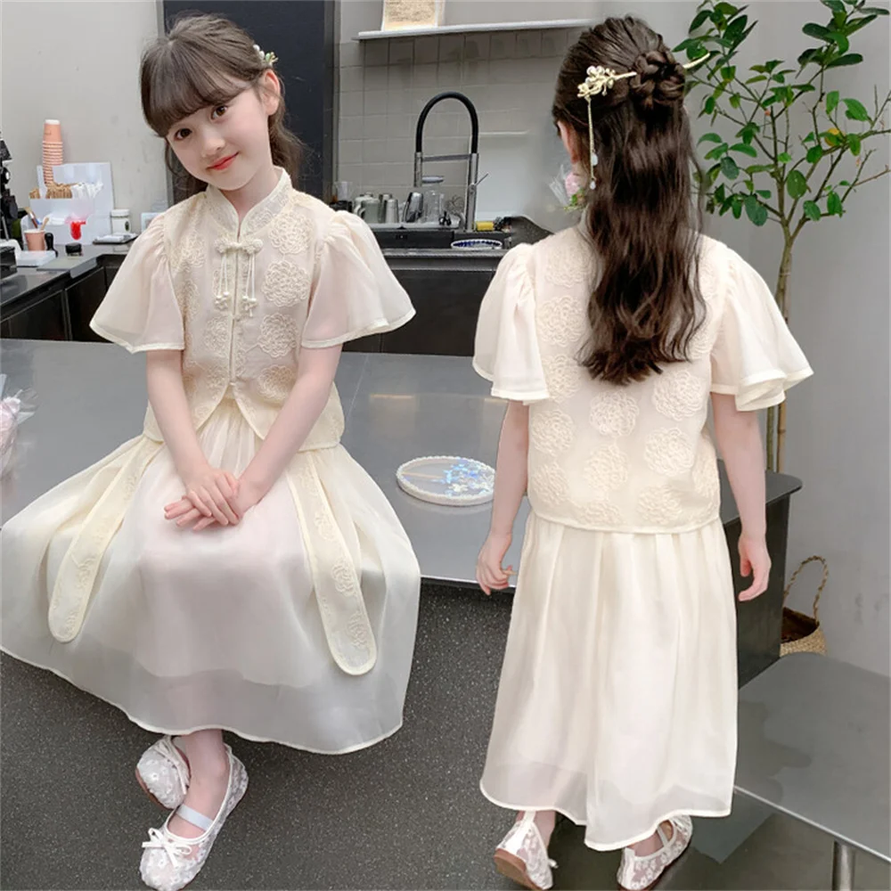 

24007 Children Dress Set Girl's Skirt Lace Mesh Dress Summer Chinese Hanfu With Button Embroidery Top And Dress Two-Piece Set