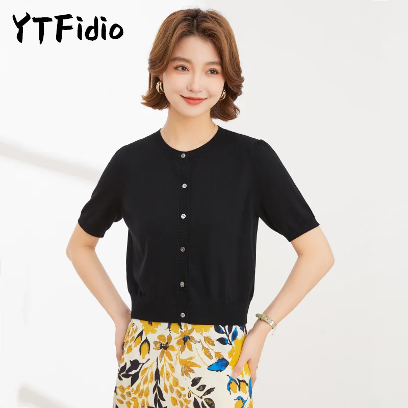 

YTFidio Summer 100% Wool Sweater Short Cardigan New Women Cashmere Wool Tops Girls Office Lady Solid Streetwear Tops 02