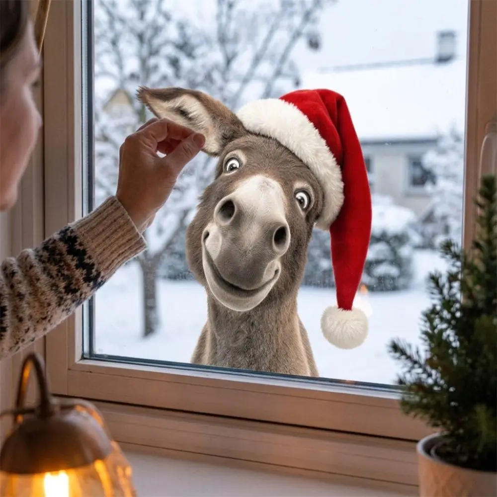 Cartoon Christmas Donkey Window Cling PVC Self-Adhesive Holiday Glass Wall Sticker Santa Hat Aesthetic Glass Electrostatic Film