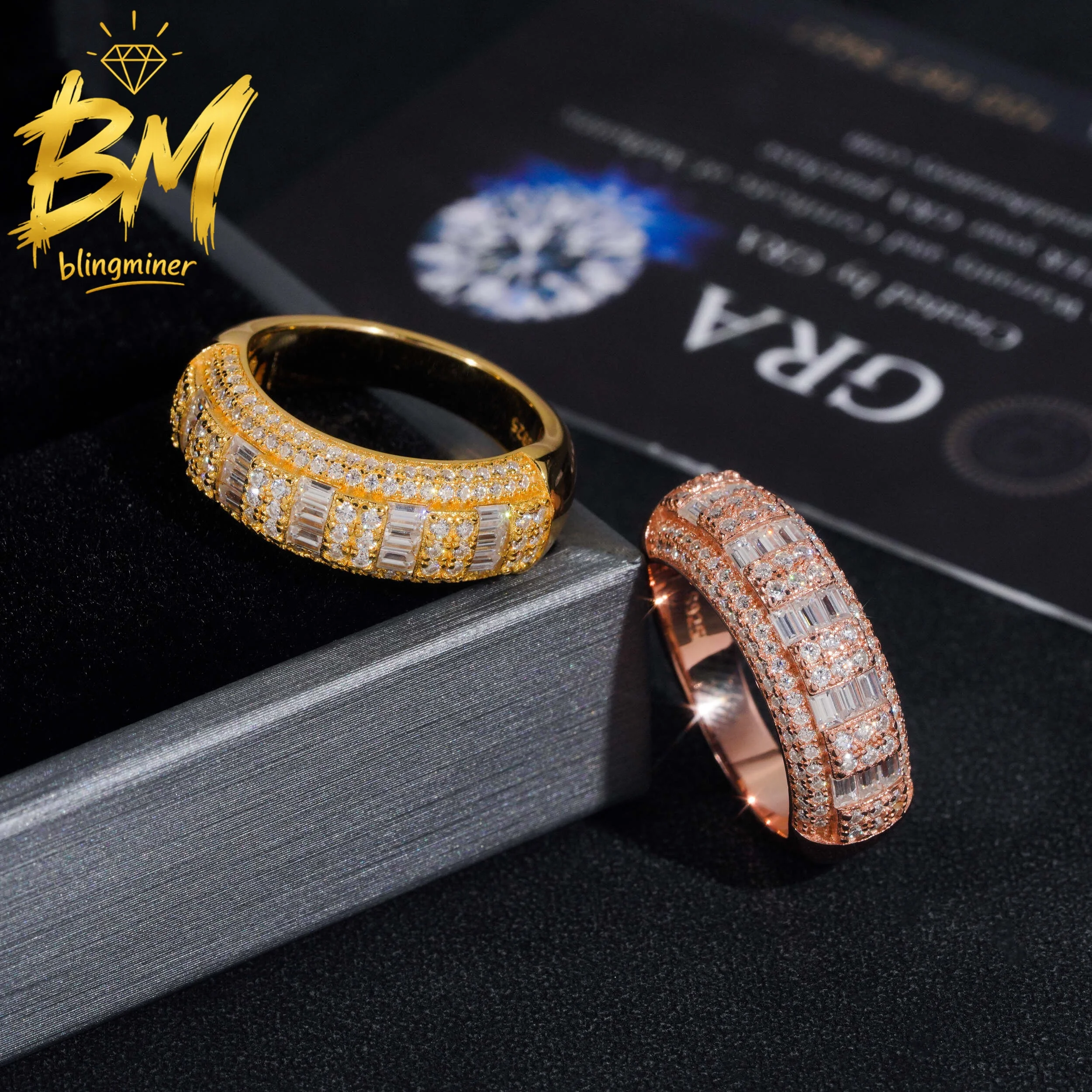 Blingminer Hip Hop Vvs Baguette S925 Silver VVS Moissanite Rings For Men Women Finger Jewelry Pass Diamonds Tester  Free Shippin