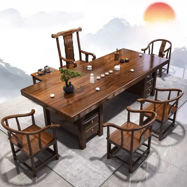 Combinazione di tavolo da tè e sedia di grandi dimensioni in legno massello di fascia alta integrata per la nuova casa dell'ufficio cinese