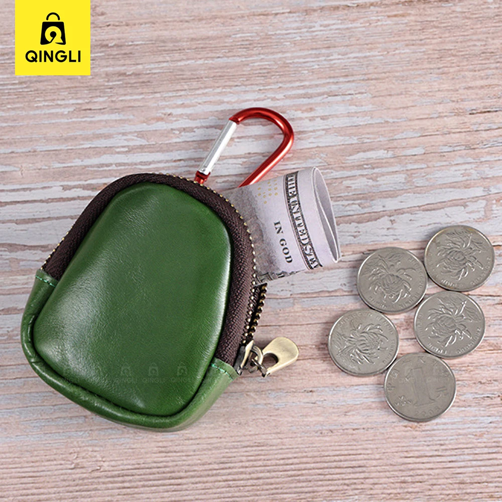 

Women's Genuine Leather Mini Wallet New Cowhide Coin Purse with Carabiner Key Chain Headset Bag Pendant Change Wallet