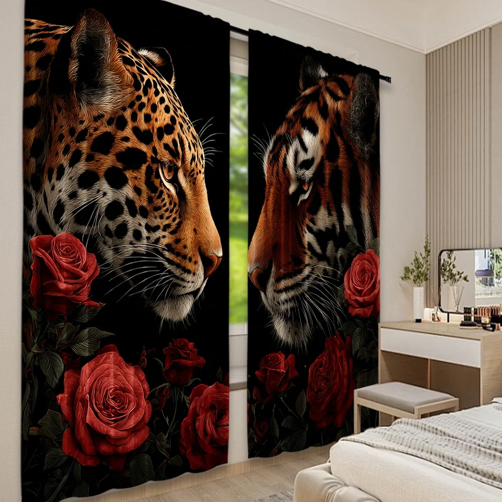 2D الطباعة المسطحة 2 قطعة ستائر النافذة ليوبارد ونمر الورود الرقمية المطبوعة البوليستر الستائر الأسرة استخدام الحفلات لغرفة النوم