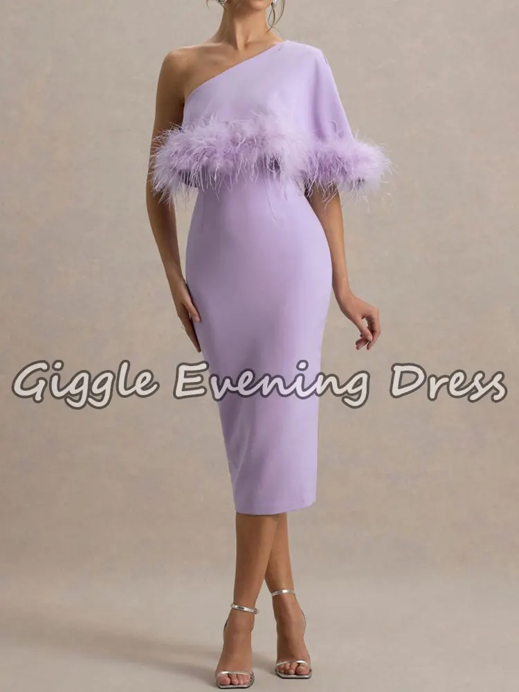 Giggle أرجواني منتصف العجل طول ريشة فساتين حفلات الكوكتيل نصف كم موضة المرأة مساء نادي العودة للوطن فساتين مخصصة