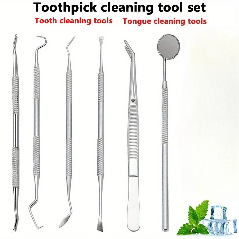 

6pc Toothpick Cleaning Tool Set,Tongue Cleaning Tool,Tongue Coating Cleaning,Including Toothpick and Mirror,Double Headed Shovel