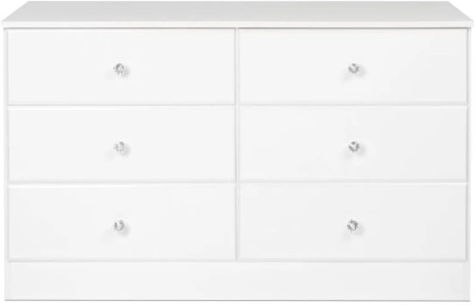 

Prepac Astrid 6 Drawer Double Dresser for Bedroom with Crystal Knobs, 16" D X 47.25" W X 28.25" H, White