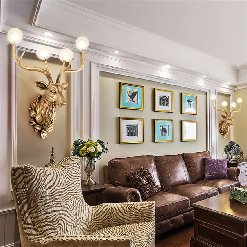 European vintage resin deer head wall lamps living room decoration glass lamp American antler study