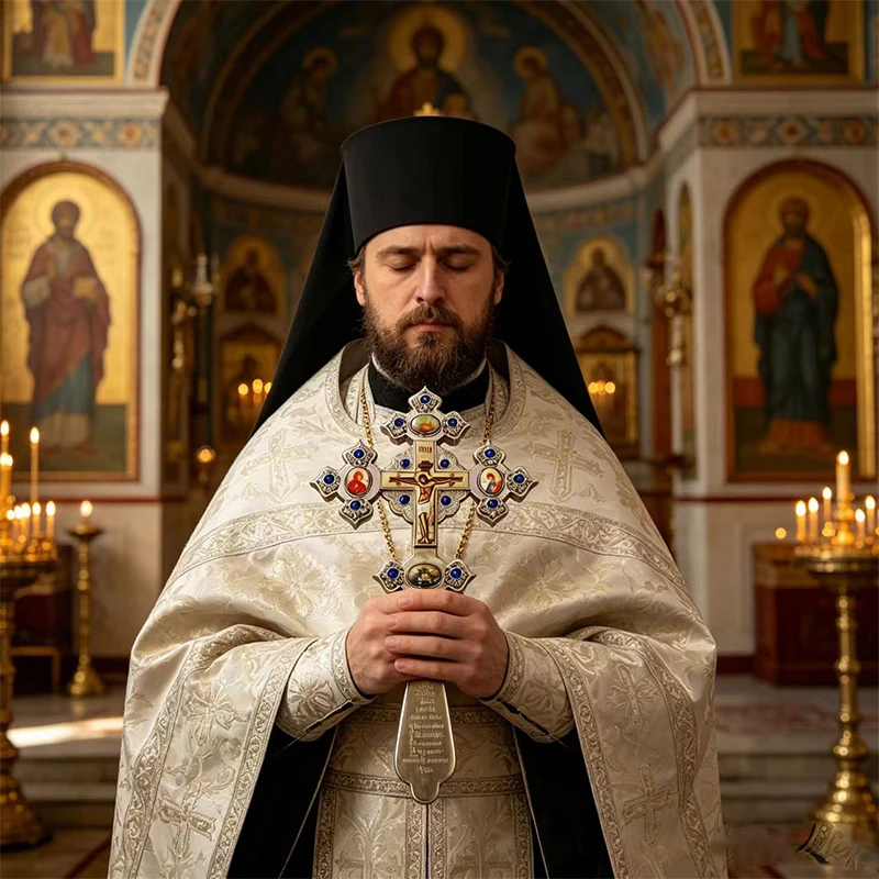 New Premium Orthodox Pectoral Cross Necklace with Enamel Icons & Blue Crystals for Priest Clergy Liturgical Wear and Blessing