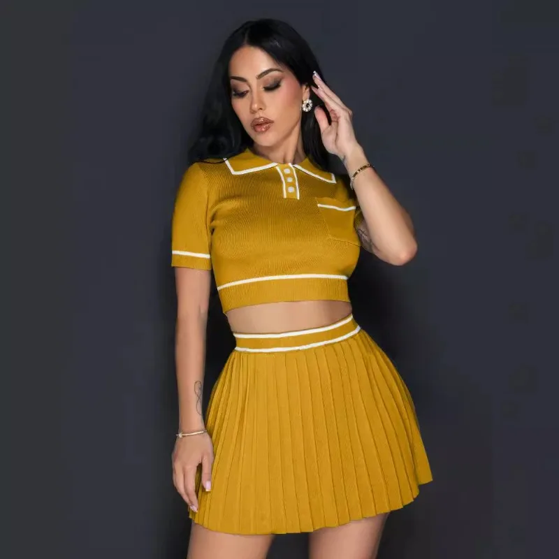 Women Fashion Color Patchwork Knitted Two Piece Set Polo-neck Short Sleeve Crop Tops Mini Pleated Skirts Tennis Casual Suits