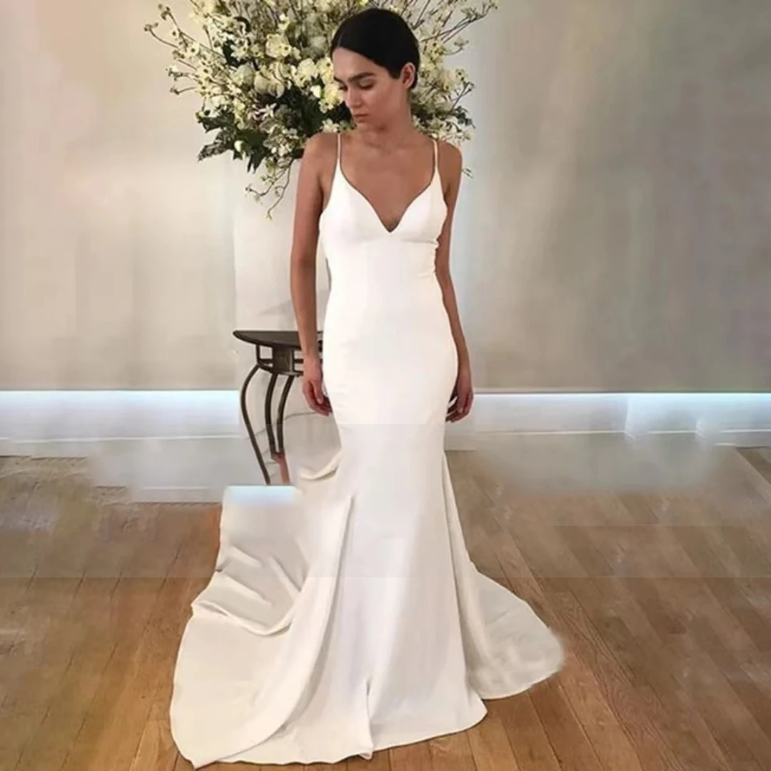 

Women's Wedding Dresses A-Line Spaghetti Strap Backless Trailing Gowns For Bridesmaid Banquet Party Prom Evening Gowns 791