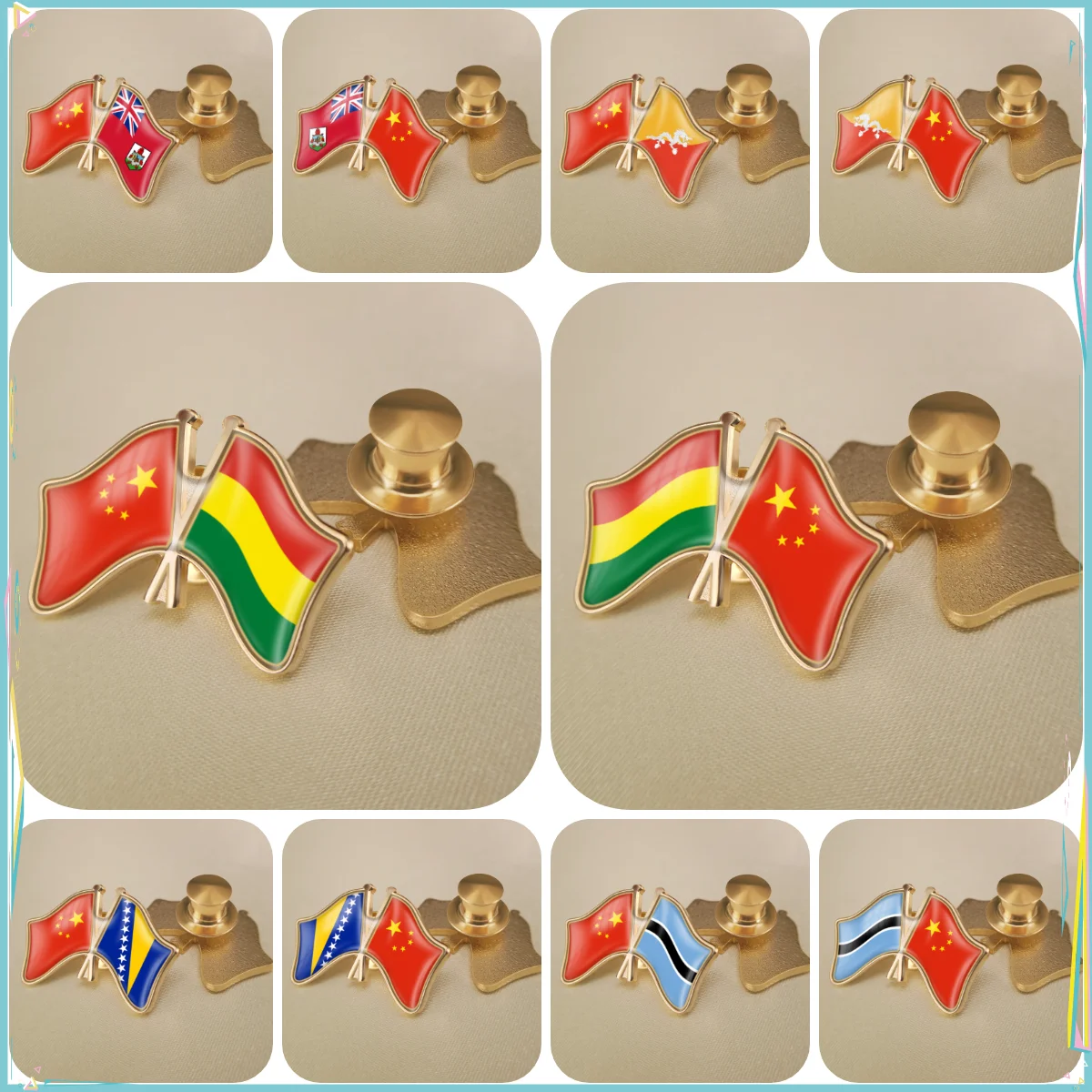 China and Bermuda Bhutan Bolivia Bosnia and Herzegovina Botswana Crossed Double Friendship Flags Lapel Pins Brooch Badges