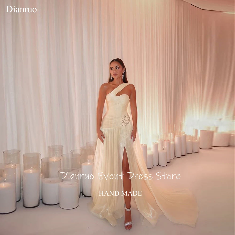 Dianruo فساتين سهرة غير متناظرة على شكل حرف A بفتحة جانبية من الشيفون فساتين حفلات صدر مكشكشة طول الأرض رداء De Soirée مخصص