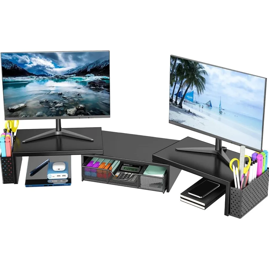 

Metal Desk Organizers and Accessories Dual Monitor Stand Riser with Drawer and 2 Pen Holders Desk Accessories Workspace Desktop