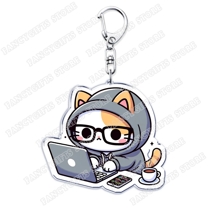 Funny Cat Programmer Keychains for Accessories Bag Geek Computer Programming Developer Coder Keyrings Jewelry Fans Friends Gifts