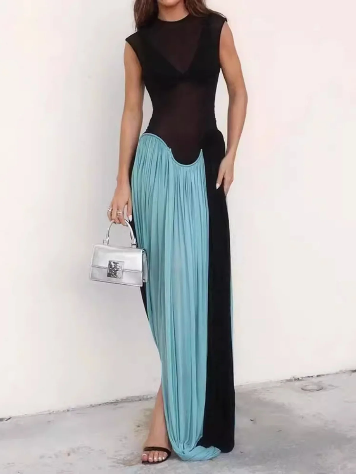 

Контрастное цветовое сочетание, сексуальное длинное платье А-силуэта с завышенной талией из полиэстера для весны, лета, осени, зимы, с круглым вырезом...