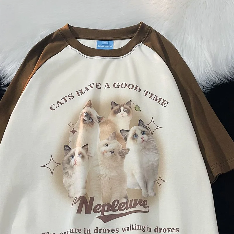 2023 Vintage Brown Raglan Sleeve Oversized T Shirts Cute Cats Printed Cotton Material Summer Tops Y2K Harajuku Korean Streetwear