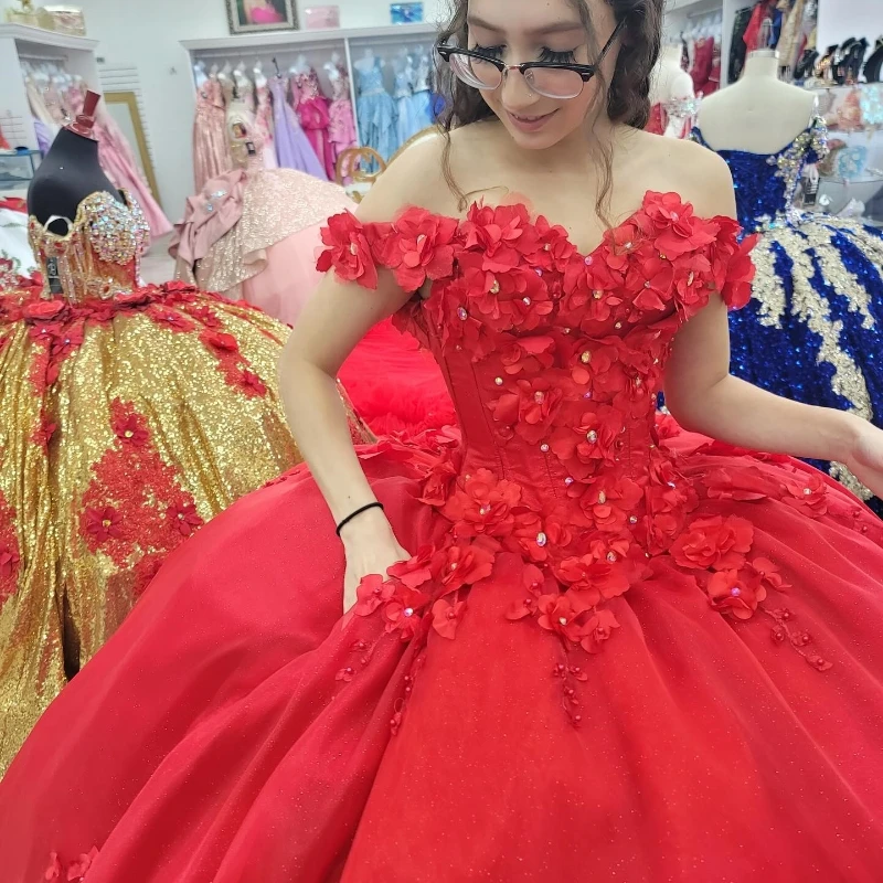 EVLAST Red Shiny Sweetheart Princess Quinceanera Dress 2024 Ball Gown Beads Crystal 3DFlower Sweet 16 Vestido De 15 Años TQD040