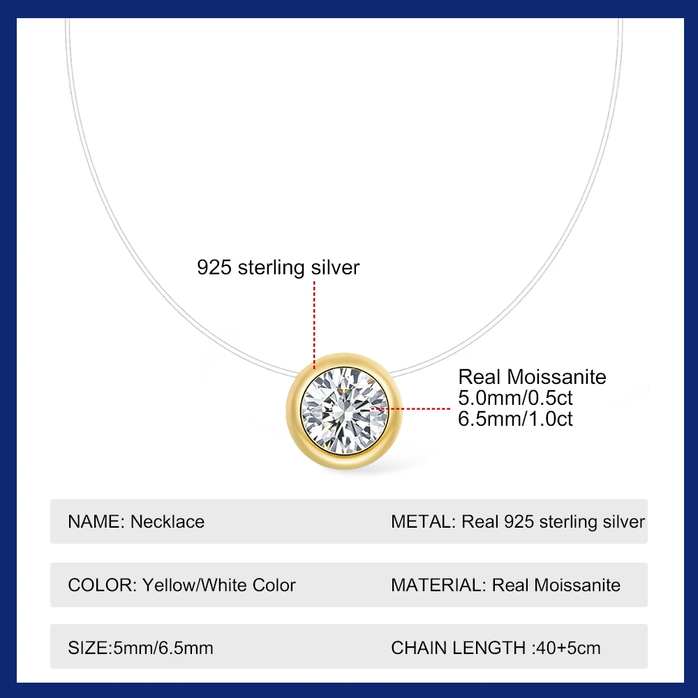 Sweetrain Bezel 0.5CT 1CT Moissanite Pendant Necklace For Women Transparent Fishing Line Chain 925 Silver Plated 18K Jewelry