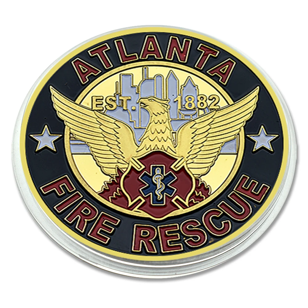 

United States Atlanta Fire Rescue Gold Plated Challenge Coin Florian Patron Saint of Firefighters Metal Medal with Plastic Case