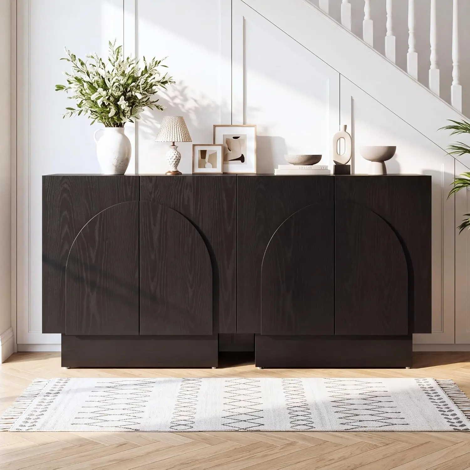Black Sideboard Buffet Cabinet with Storage Set of 2, 63” Modern Sideboard Cabinet with Arched Doors & Shelf, Farmhouse Accent