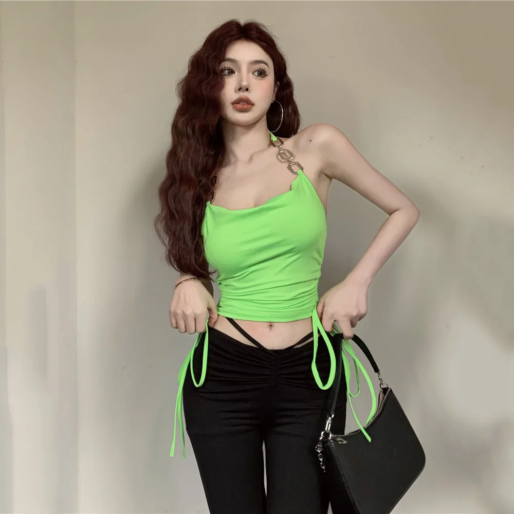 Ins Chain Women Sexy Camis Crop Top Summer Chain Frill Drawstring Neon Green Camisole 2022 Casual Club Streetwear Clothing