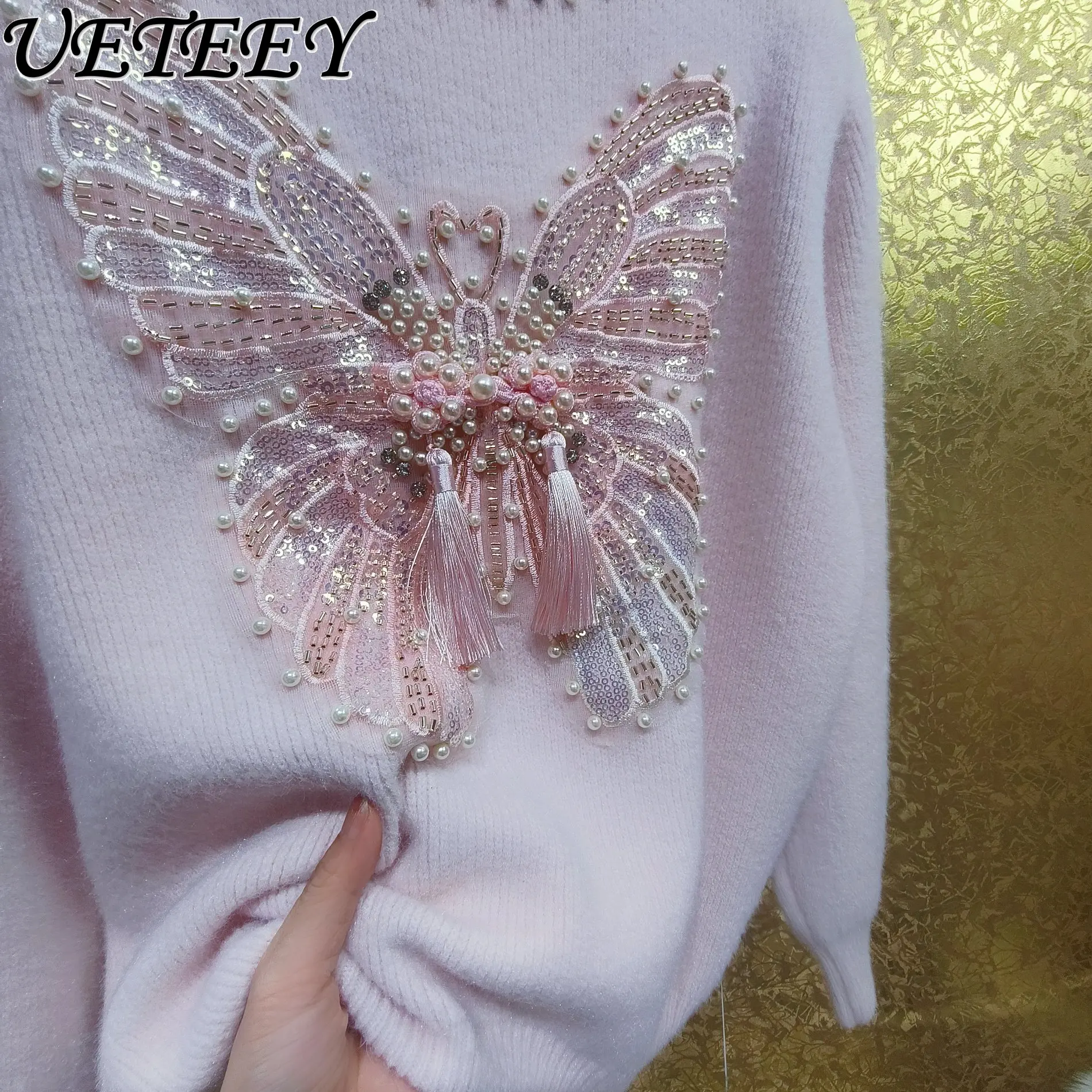 

Осенне-зимний новый теплый пушистый свитер в китайском стиле с крупным бантом и бисером, пуловер для девочек в стиле кавайи