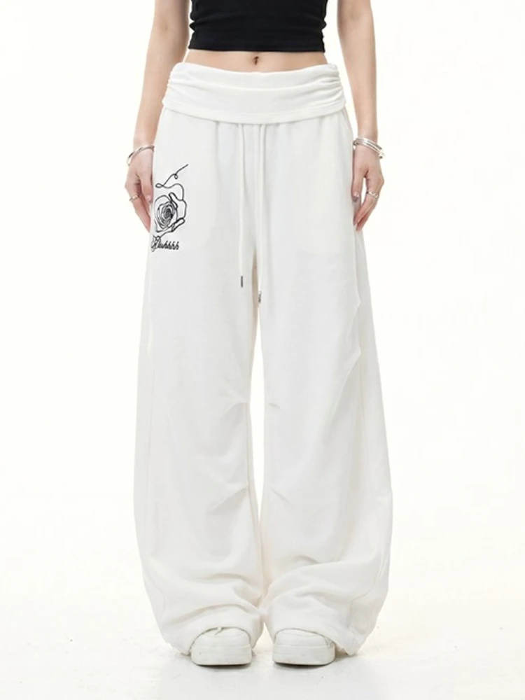 Women American Streetwear Fake Two Piece Color Block Waist Wide Leg Pants Black Jazz Dance Casual Long Trousers