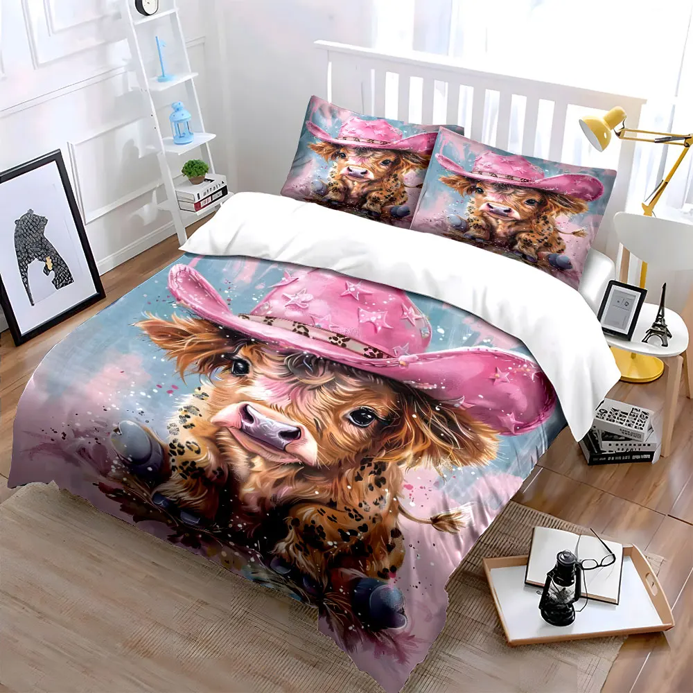 Highland Cow Bedding Set,Cute Calf with Pink Cowboy Hat and Leopard Print Duvet Cover + 2 Pillowcases,Western Farm style Decor