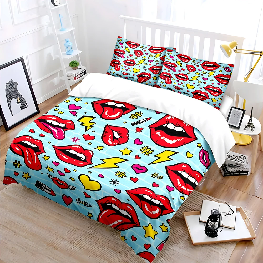Red lips hearts and lightning pattern Print Soft Comfortable Duvet Cover Bedding Set Included 1*Duvet Cover  2*Pillowcases