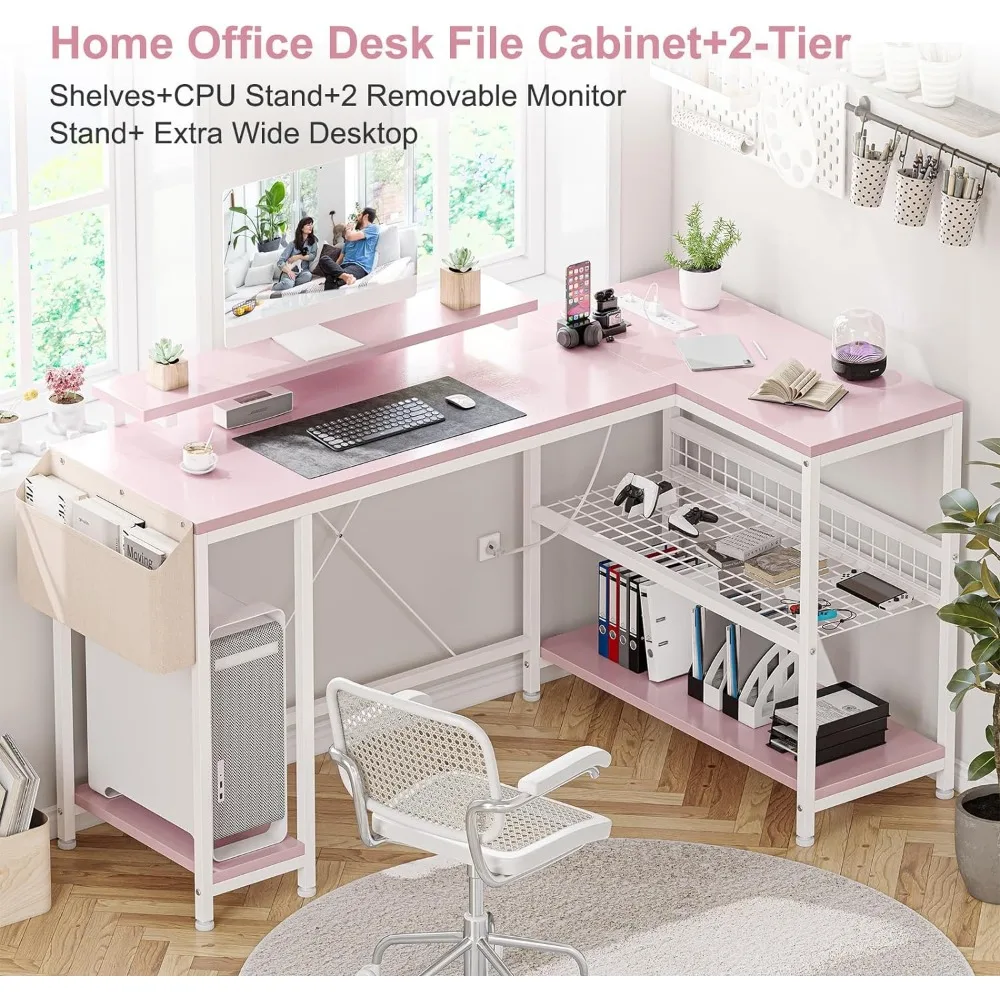 L-shaped Computer Desk with Power Socket and LED Light, 49.6-inch Computer Desk with Storage Shelves and Monitor Stand, Pink