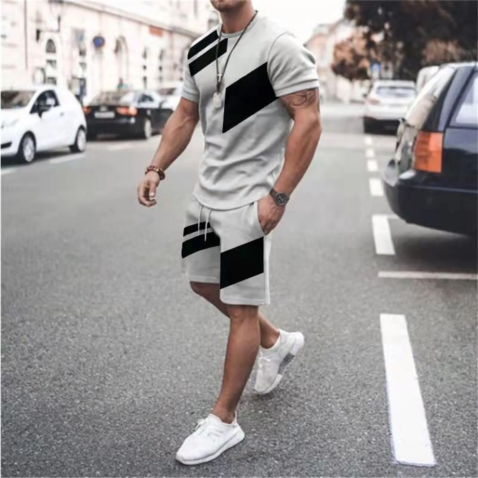 Conjunto de treino de jogging casual masculino, camiseta e shorts, conjunto de 2 peças, roupas de verão, 2024