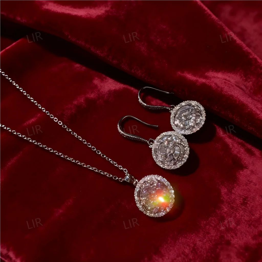 مجموعة مجوهرات LIR النسائية المخصصة: قلادة جوهرة مستديرة من شوبرت روز (متوهجة بالنجوم)، أقراط زهرة الزركون قيراط كبيرة لامعة #5