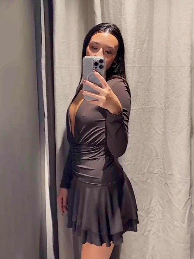 

Модный женский летний комбинезон в стиле ретро с длинными рукавами, глубоким V-образным вырезом и плиссированным декором, повседневное платье в уличном стиле