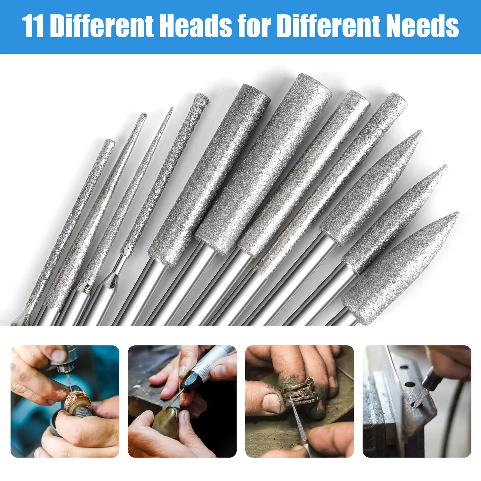 

11Pcs 3mm Shank Diamond Grinding Burr Needle Point Engraving Carving Polishing Glass Jade Stone Drill Bit Rotary Tool Set