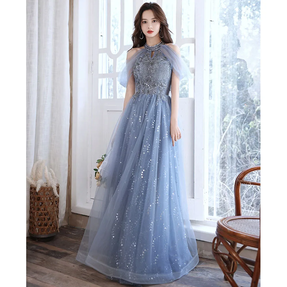 Blue Halter Cocktail Dress Women Beaded Hollow Sequins Prom Gown Elegant Classic Tulle Sleeveless A-line Evening Dresses