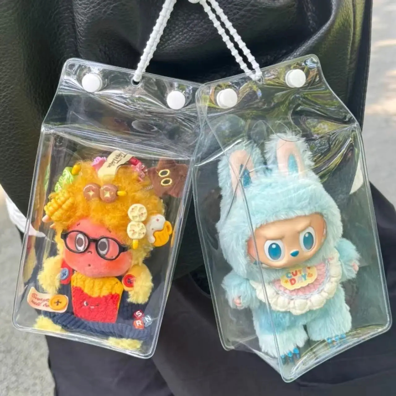 

For Labubu 4.0 Mini Dolls Milk carton design Transparent Dust box 10cm dolls dust storage bag Protection box portable bag