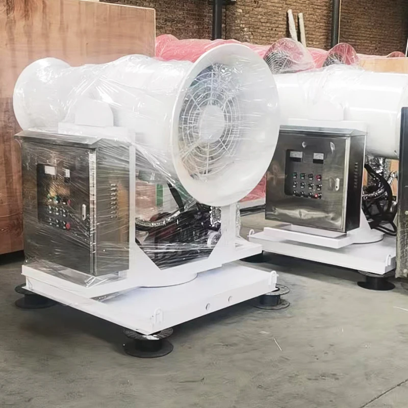 Fog Cannon Machine Water Mist Blower Device Combined Remote Control 40m Spray Radius Wheeled Chassis for Industrial Site