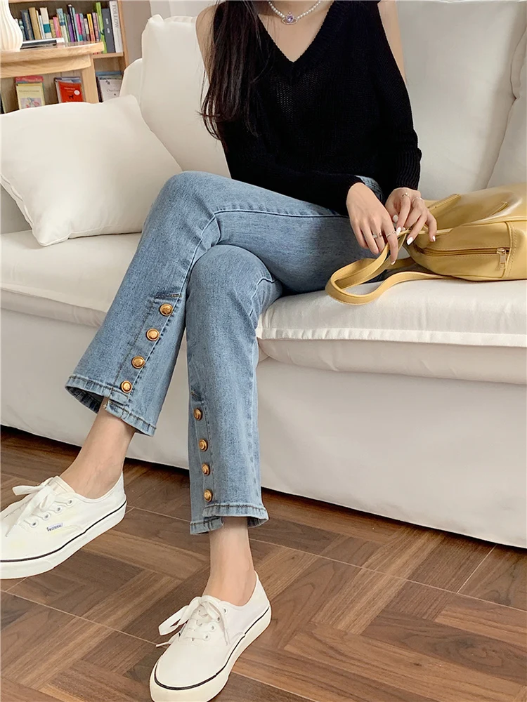 

High Waist Straight Leg Jeans Women's Spring New plus Size Elastic Slit Wide Leg Pants Slimming Effect Long Cotton Stretch Denim