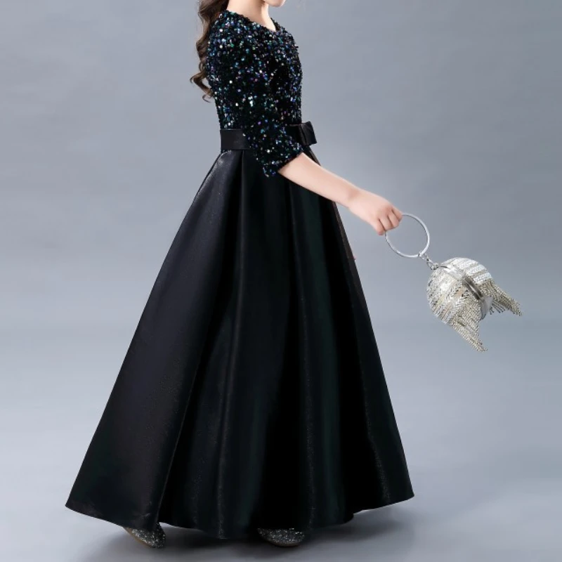 Robe de soirée élégante à col rond, robe de princesse à sequins, nœud simple, pli en satin, robe française personnalisée, manches mi-longues, classique, luxe