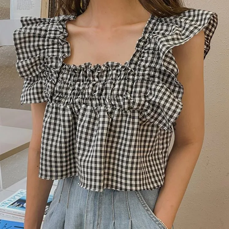 

Tartan ter Vest Women Summer 2026 New Naughtin Small Flng Sve Square Collar Sweet Cute Top Trendy Korean Sle