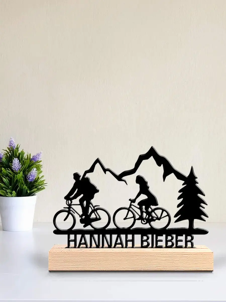 AliExpress NONE 1pc Romantic Personalized Custom Mountain Bike Couple Metal Statues Metal Art With Wooden Base Ideal For Campers, Hikers, Nature