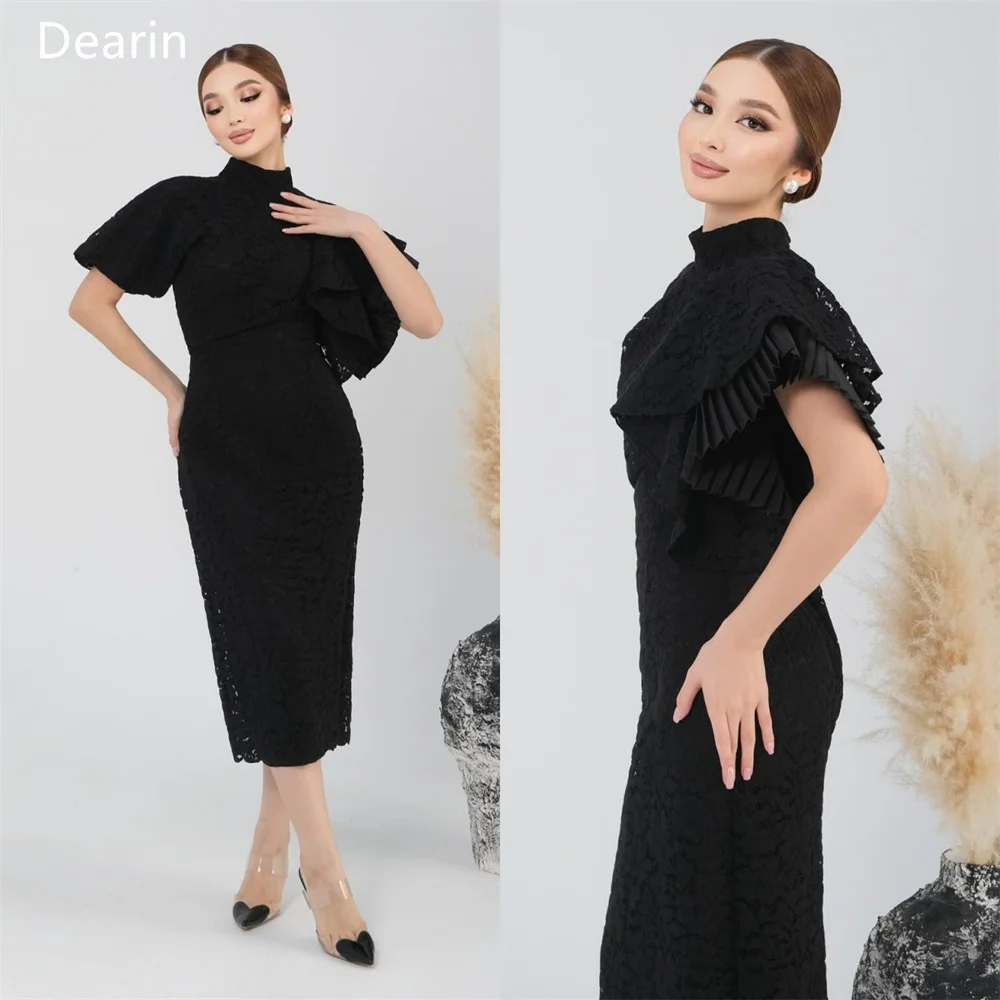 Customized Evening Gown Dearin High Collar Column Tea Length Skirts Layered Print Bespoke Occasion Dresses Formal Prom Dress Sau