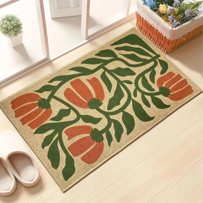 Boho Tulip Floral Doormat Rustic Plant Print Indoor Area Rug Entrance Floor Carpet Low‑Profile Mat for Living Room Decoration