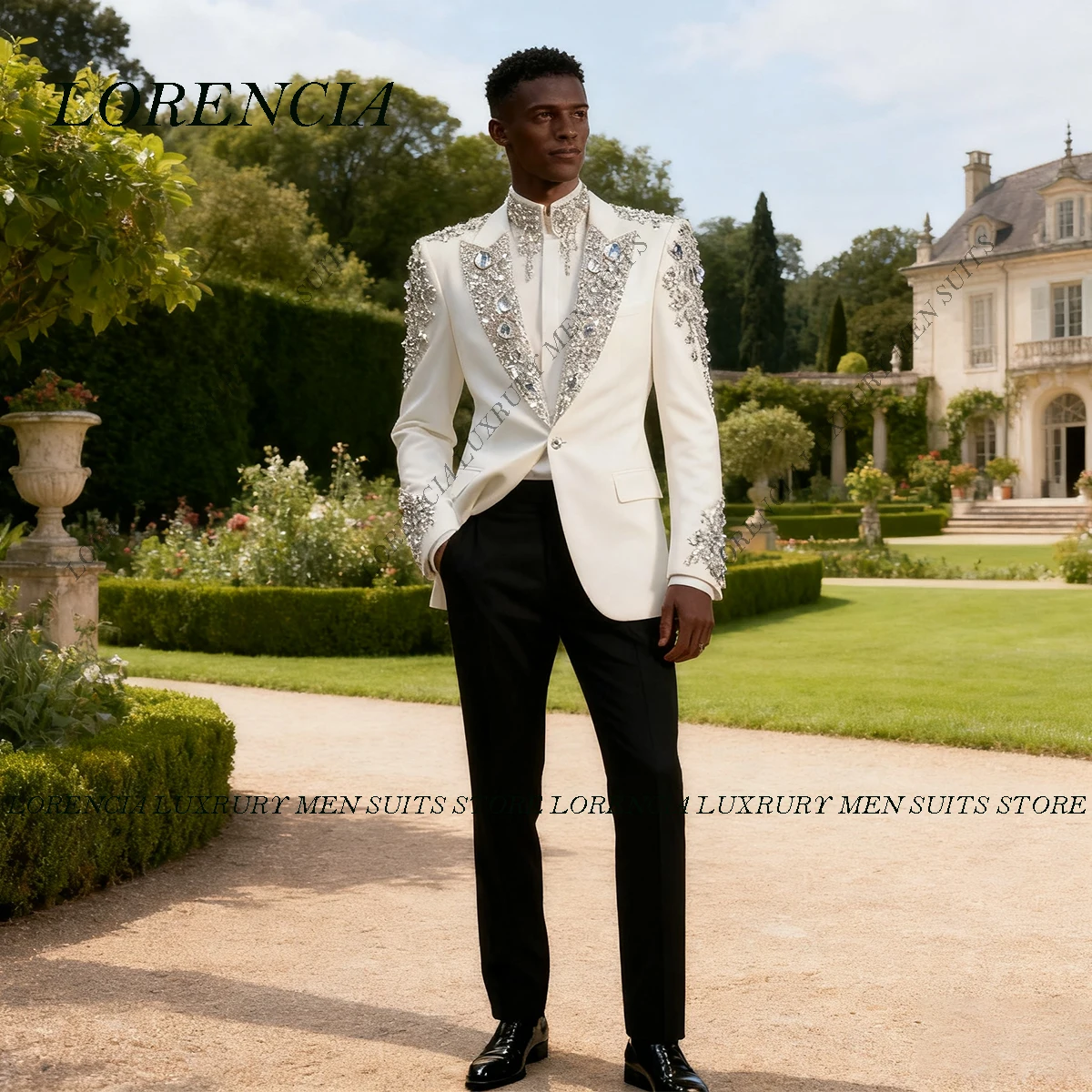 

Customized Handsome 3 Pieces Sets Men Suits High End Rhinestones Beaded Groom Tuxedos Diamond Male Party Prom Blazer Ropa Hombre