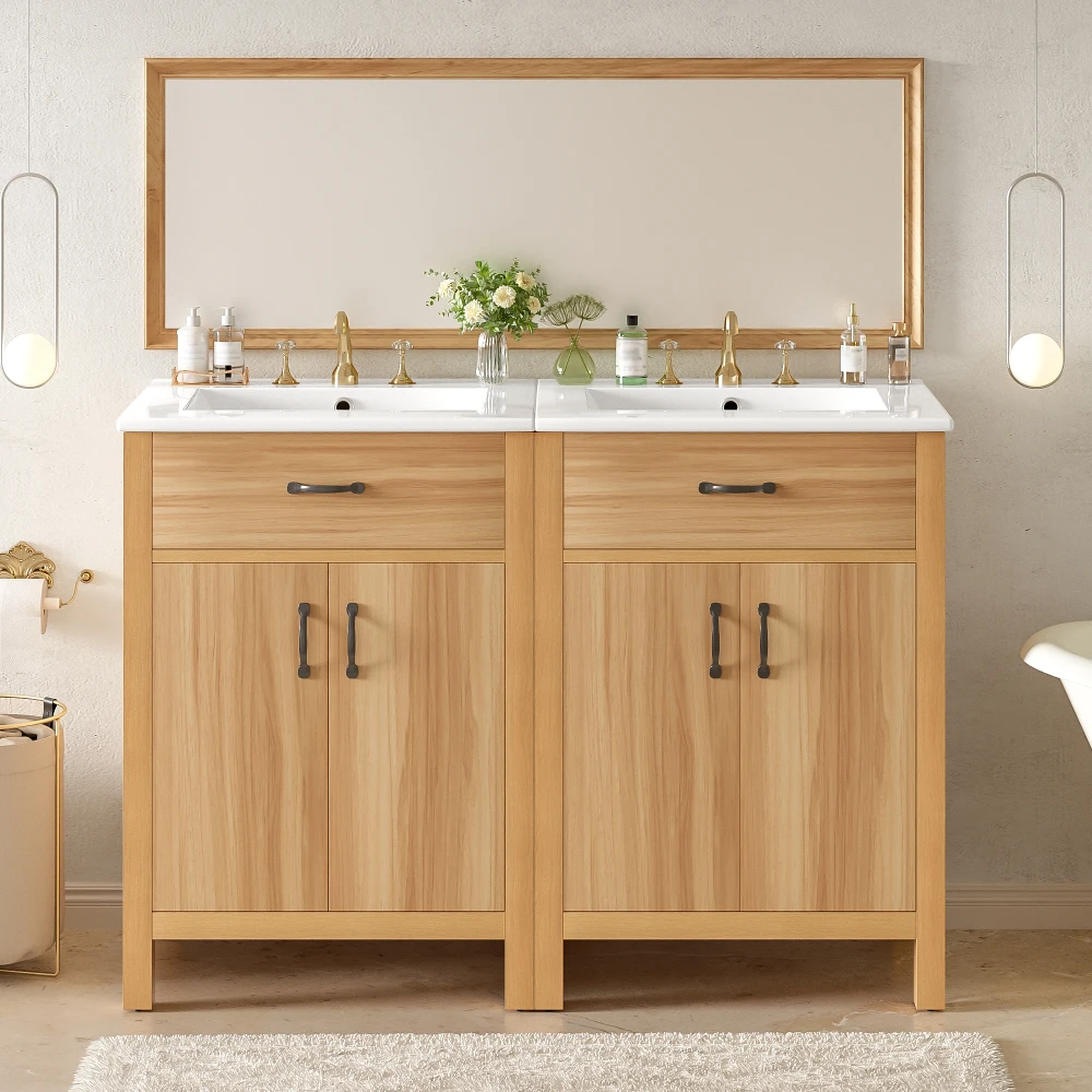 Orraves 48 Inch Freestanding Bathroom Vanity, Solid Wood Frame, Integrated Sink, Flip Drawer, 4 Soft-Close Doors, Adjustable Shelf, Bathroom Storage Cabinet